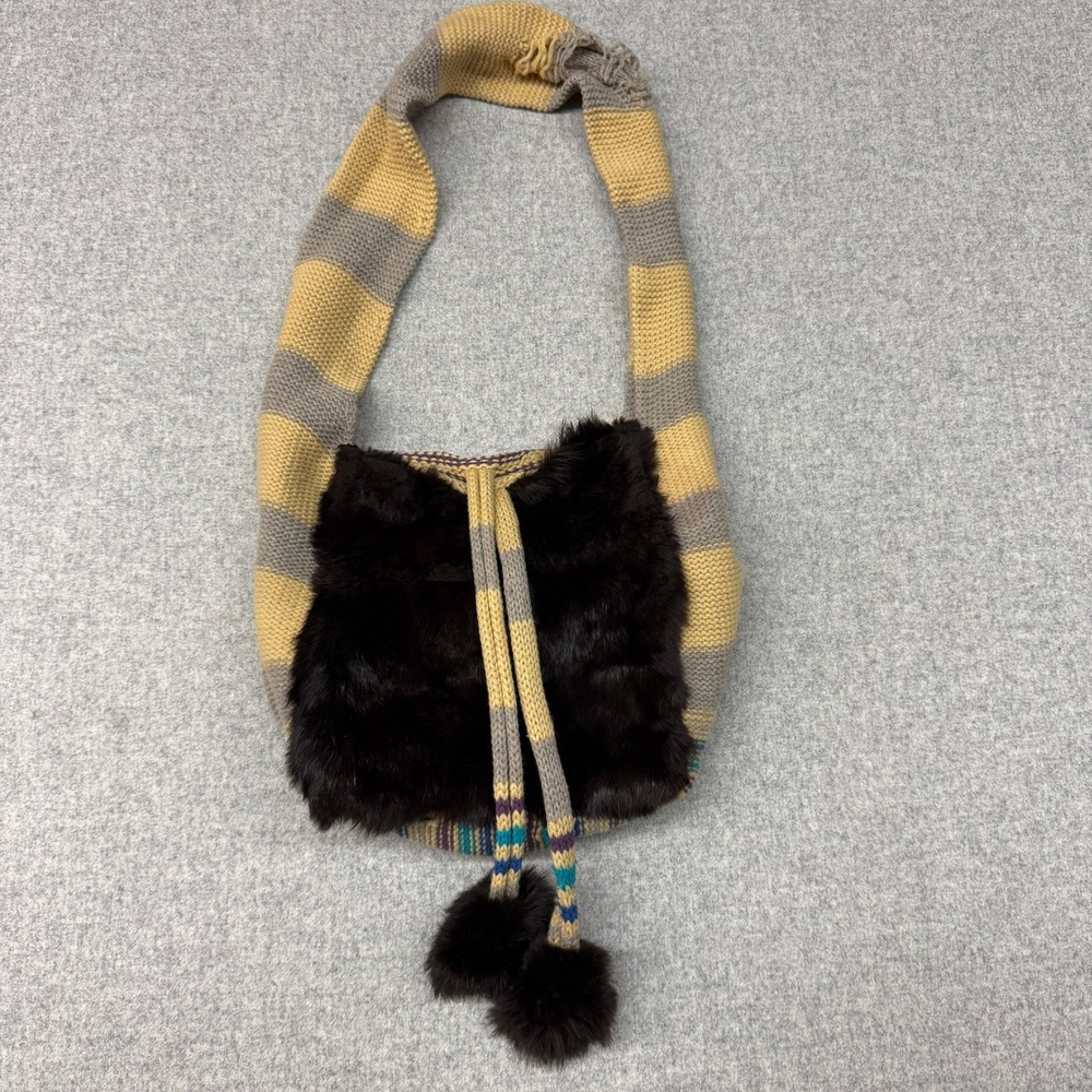 Unbranded Faux Fur Knit Shoulder Bag Small Brown Tan Gray Striped Pom Pom Boho
